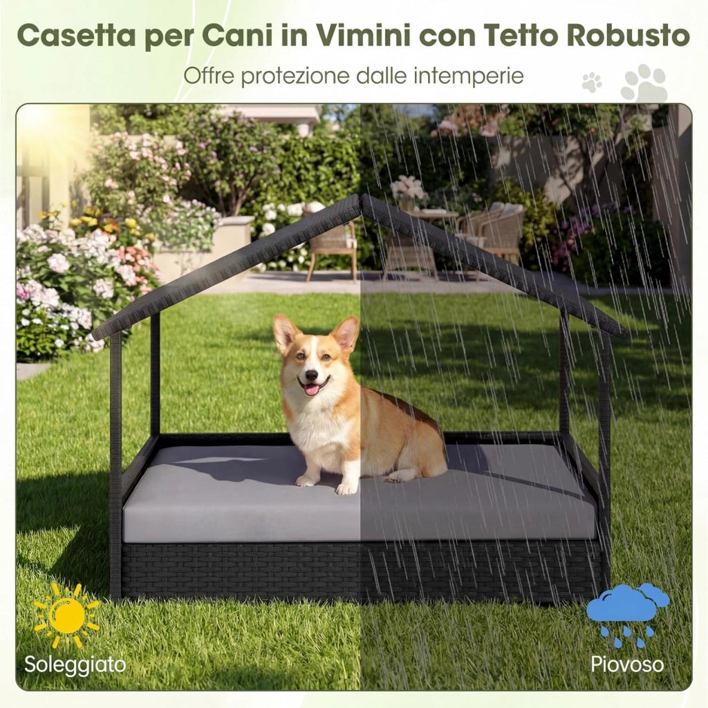 Casetta per Cani da Esterno e Interno, Letto Rialzato in Rattan con Struttura in Metallo, Tetto Impermeabile e Cuscino Rimovibile, per Cani di Taglia Piccola e Media fino a 60 KG (Grigio)