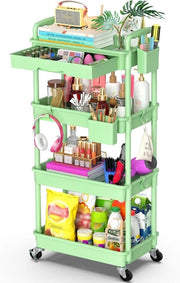 Carrello di archiviazione mobile con caricatore per cucina, bagno, ufficio e salotto - Carrello verde a 4 livelli