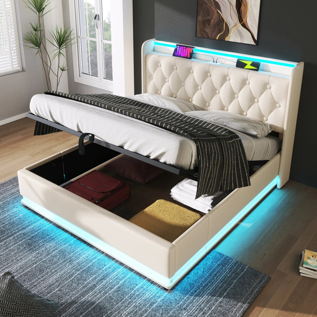 Letto imbottito idraulico con LED USB 140x190 cm colore PU bianco