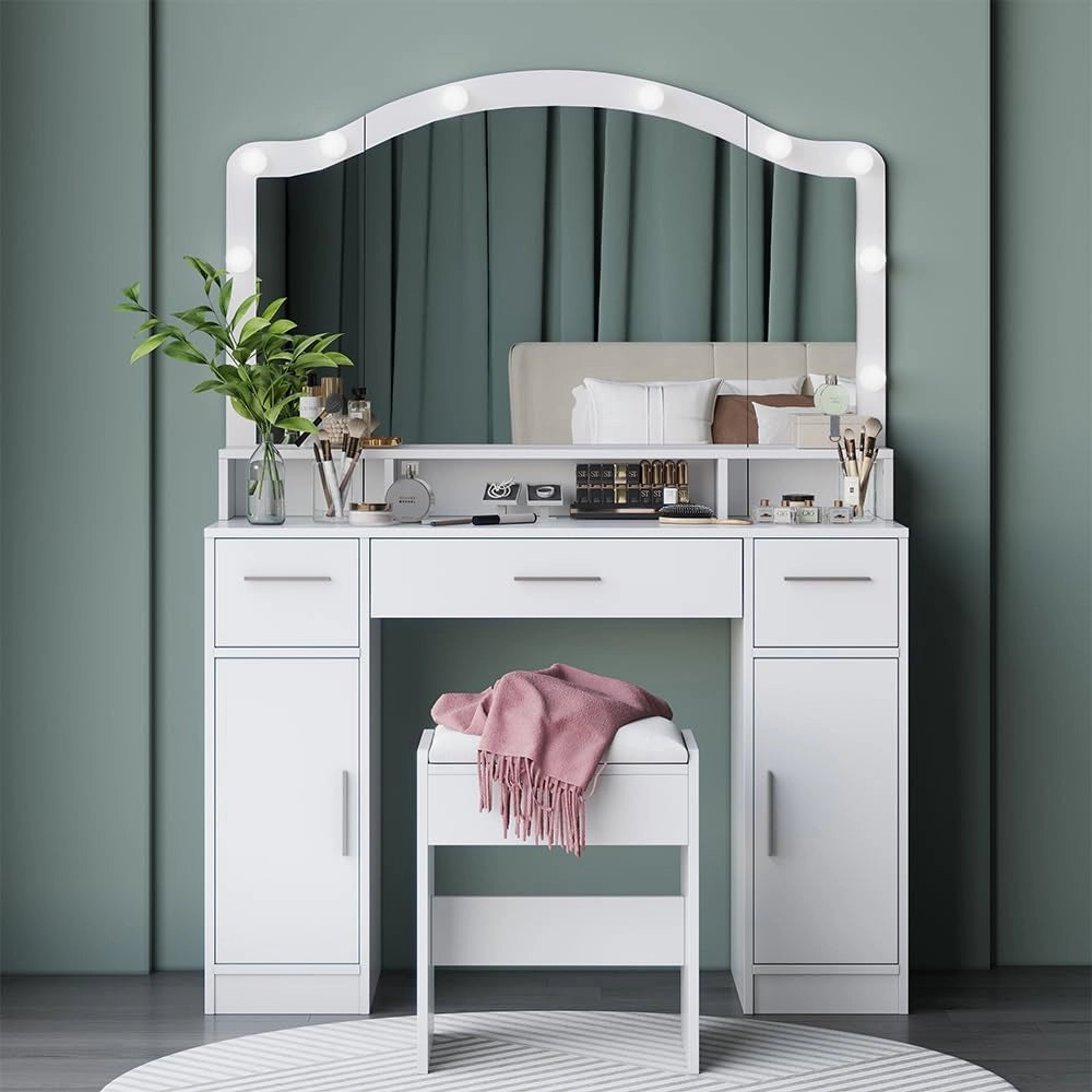 Tavolo da toilette Lumira, Bianco, 110 cm con specchio LED e sgabello, con controllo touch e seduta regolabile in altezza