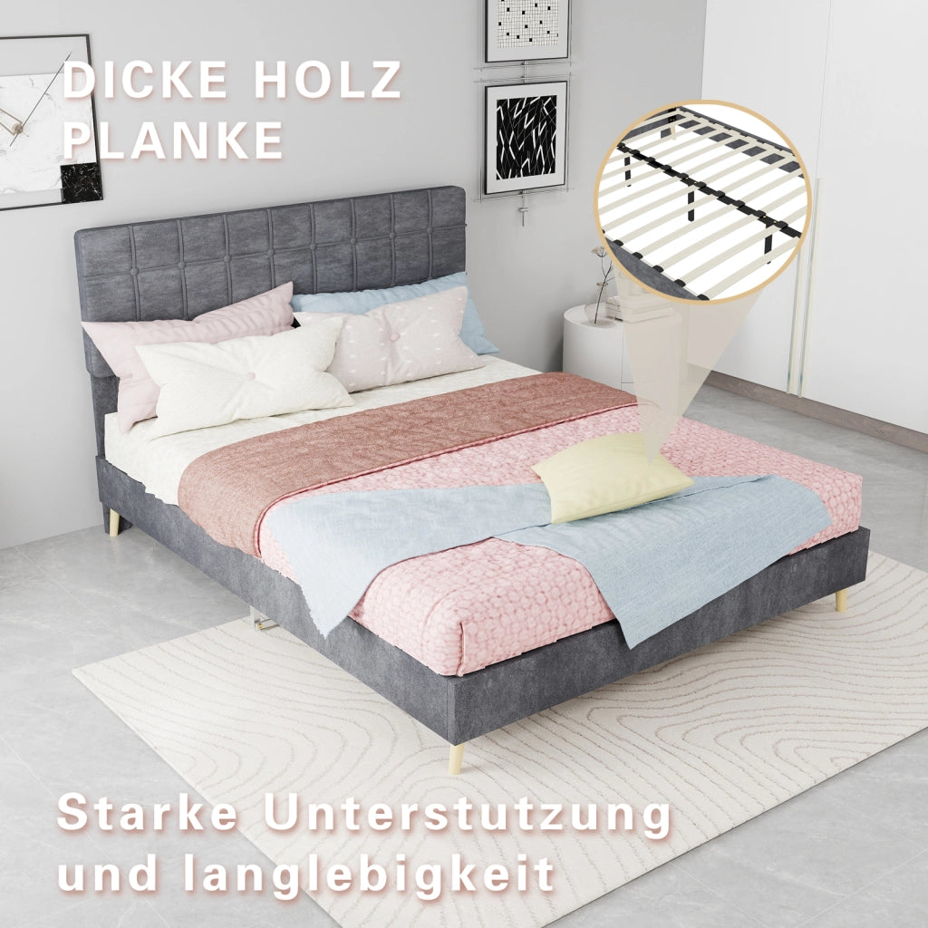 Letto matrimoniale 140 × 200 cm con testiera imbottita a quadri, struttura stabile, senza materasso, grigio