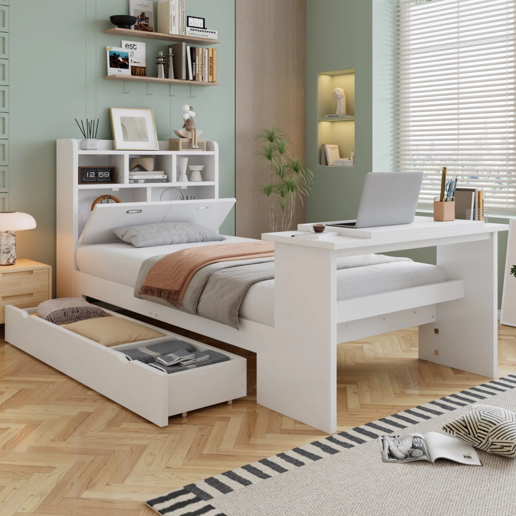 Letto con Cassetti 90x200 cm; Letto Singolo - Tavolo Pieghevole e Mensole - Bianco