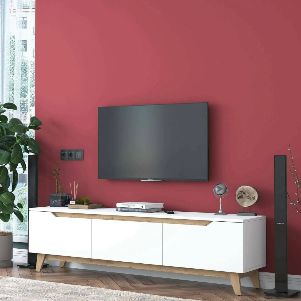 Mobile porta TV Apatite, Credenza da soggiorno, Armadio basso per TV, Base parete attrezzata, 180x35h49 cm, Bianco e Rovere