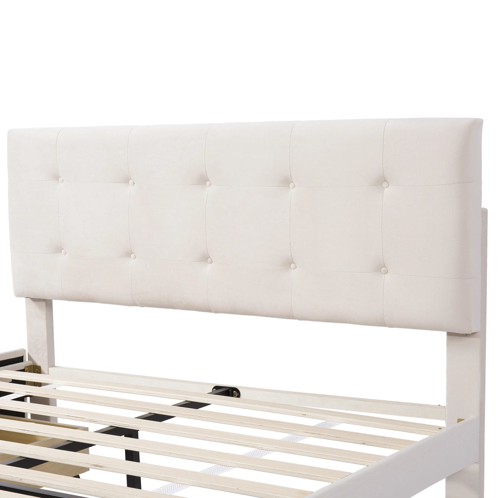 Letto imbottito 140x200 cm beige con testiera, rete a doghe e 4 cassetti