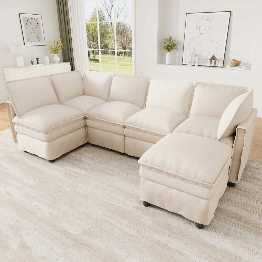 DIVANO MODULARE XXL 344x127x91 cm Chenille Beige con funzione letto e pouf mobile