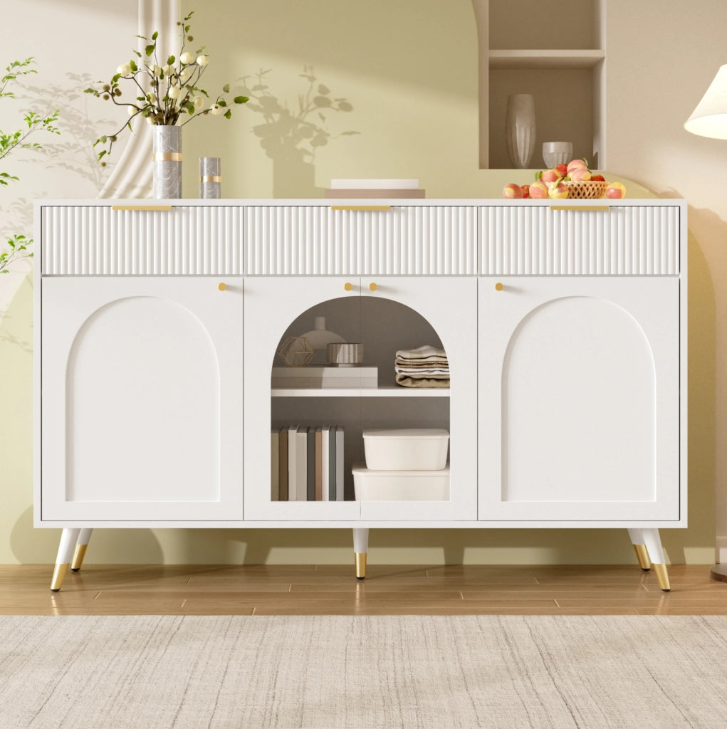 Credenza con 4 ante e 3 cassetti; inserti in acrilico; 140x40x85;5 cm; bianca