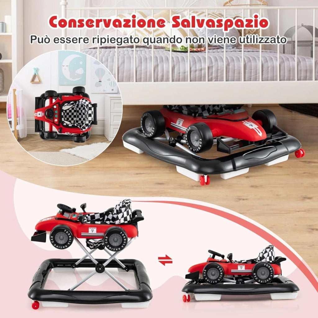 4 in 1 Girello per Bambini, Altezza Regolabile a 3 Livelli, Passeggino per Bambini, con Volante Imbottito e Scatola Musicale, Portata 12 kg, per Bambini 6-18 Mesi (Rosso)