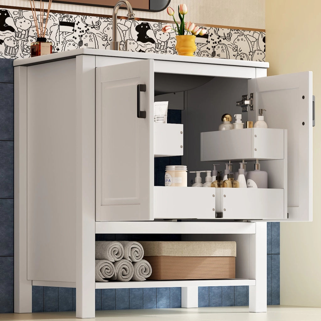 Mobile lavabo da bagno a terra con lavabo in ceramica e doppia anta