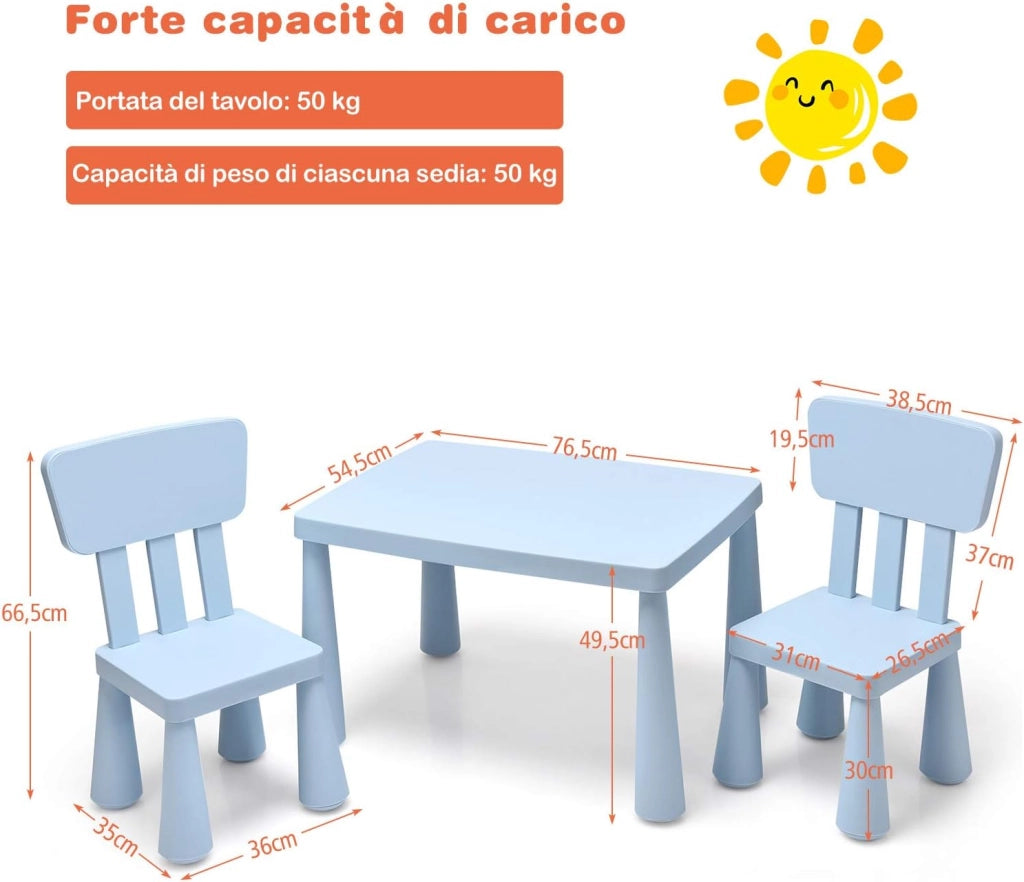 Set Tavolo e Sedie per Bambini 1-7 Anni, 2 Sedie Ergonomiche con Schienale, Materiale PP Atossico e Inodore, Angoli Arrotondati, Adatto per Giocare, Disegnare e Leggere, Portata 50kg (Blu)