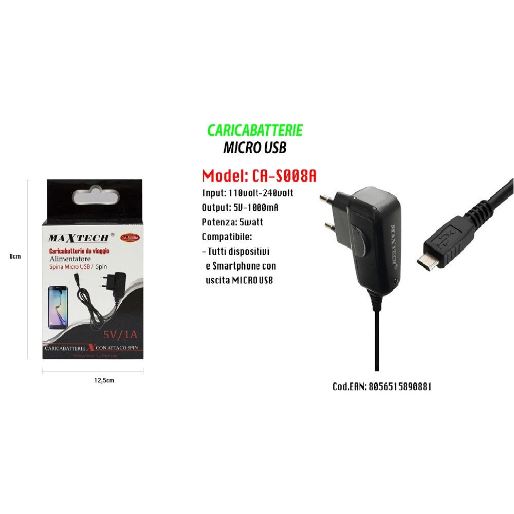 Trade Shop - Caricabatterie Micro Usb Da Viaggio Spina 5pin 5v-1000ma 5watt Maxtech Ca-s008a -
