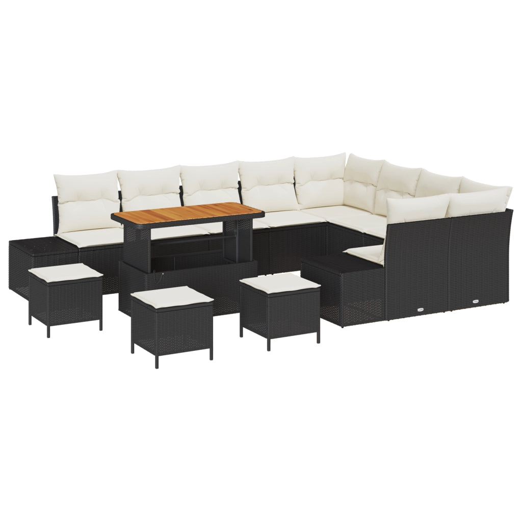 Set Divano da Giardino 13 Pezzi con Cuscini Nero Polyrattan Acacia