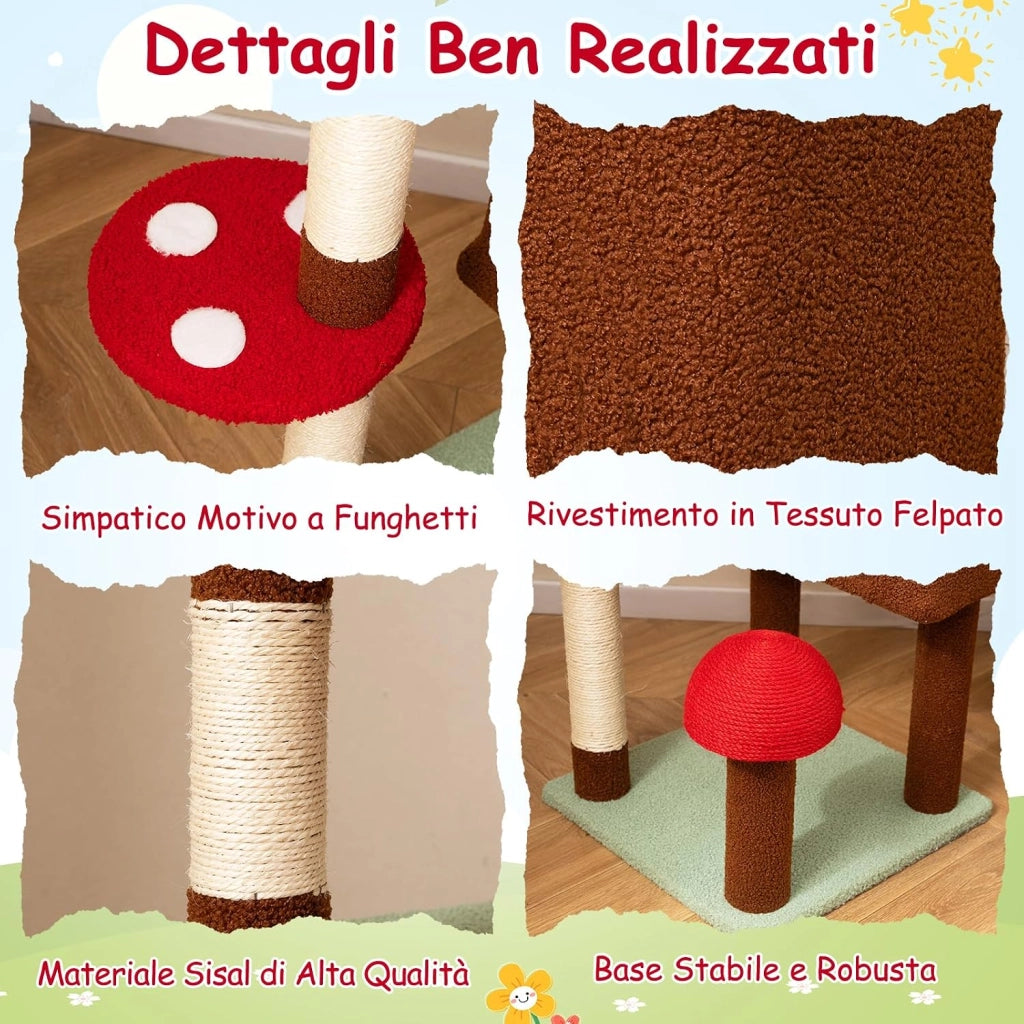 Albero per Gatti da Pavimento a Soffitto, Tiragraffi per Gatti a Forma di Fungo con Altezza Regolabile, Condo, Amaca, Cestino Sospeso Ruotabile, Tiragraffi in Sisal e 2 Palline a Molla