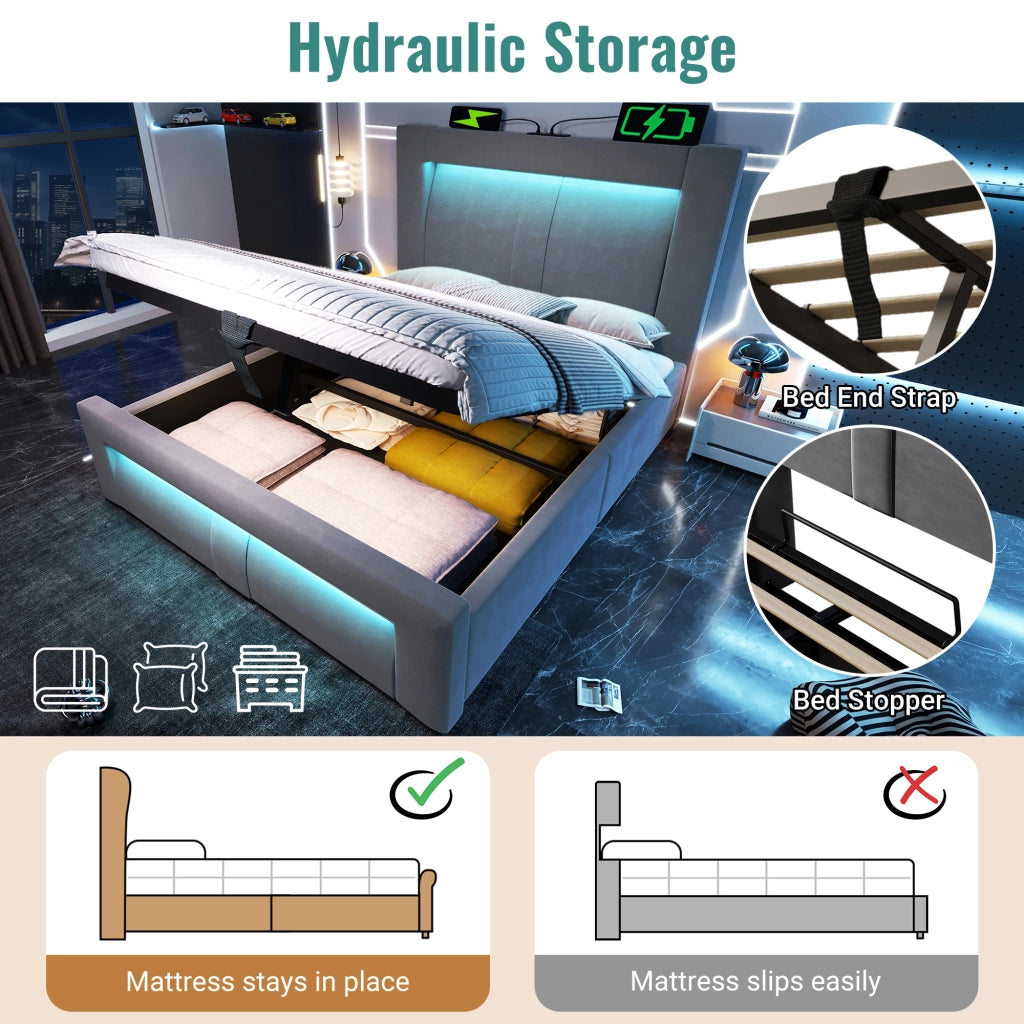 Letto contenitore singolo 90×200 cm con LED; prese USB e Type-C; materasso incluso; velluto; grigio