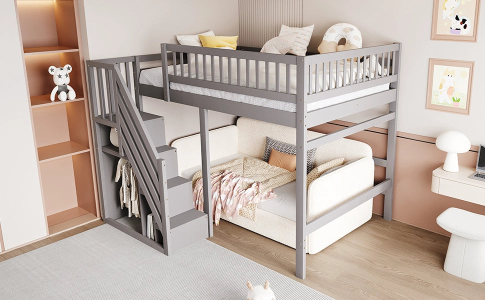 DESMIU Letto a soppalco 2 posti con scala contenitore e sponda alta 140 × 200 cm senza materasso grigio