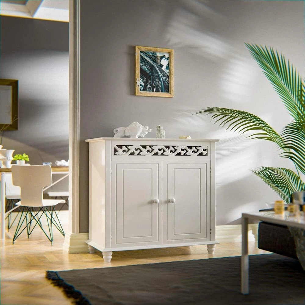 ® Mobiletto Bianco Stile Country 76x65x35cm 2 Scomparti Armadietto Multiuso con Ante Mobile Bagno Consolle Ingresso Credenza Cucina Madia Soggiorno Mobili Salone Arredamento Casa Mobile TV