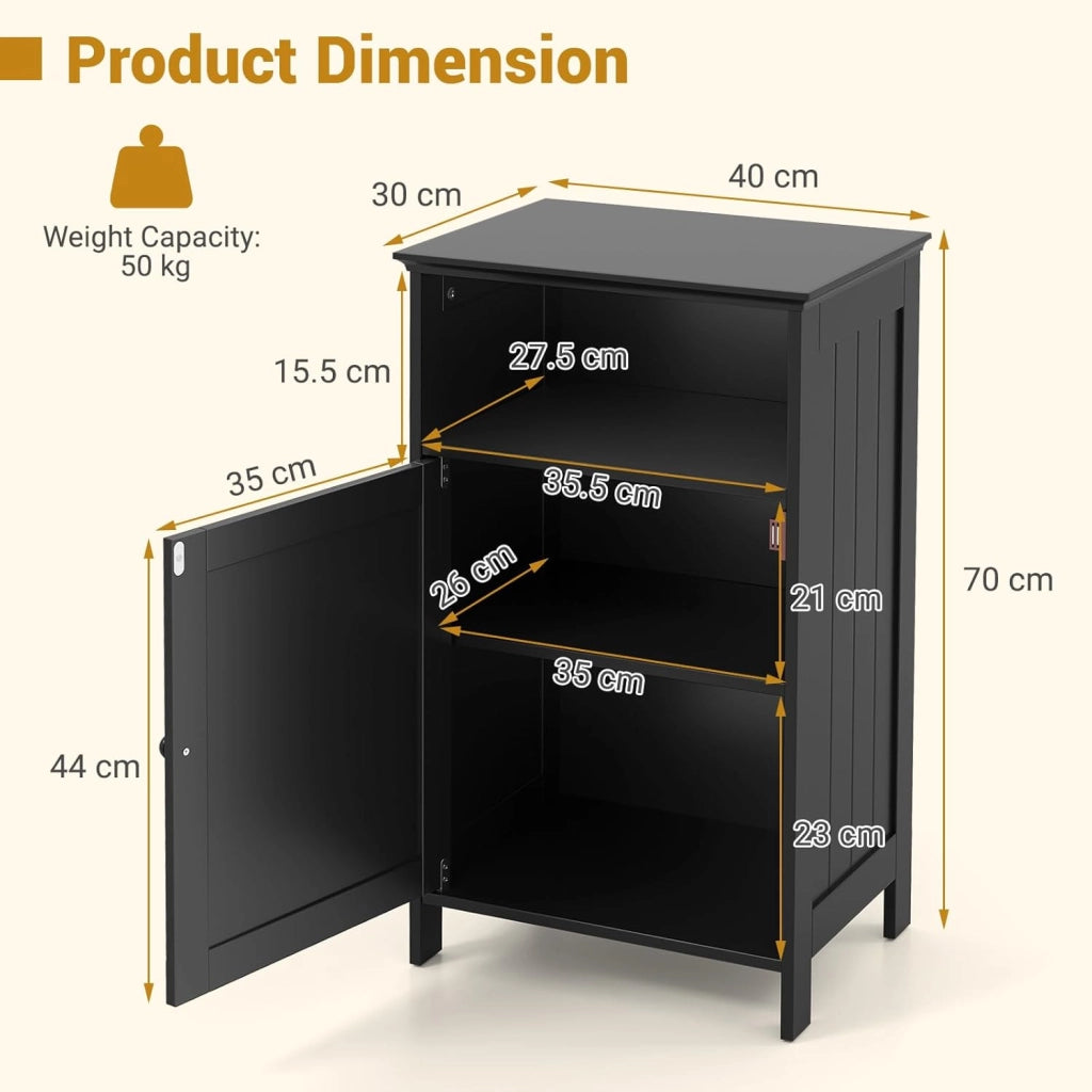 Mobile da bagno in legno con porta singola e ripiano regolabile per camera da letto, soggiorno, 40 x 30 x 70 cm, Bianco/Grigio/Nero (Nero)