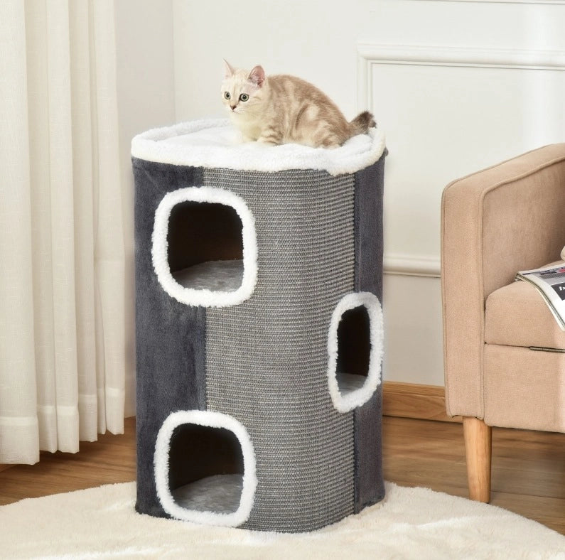 Tiragraffi a torre per gatti a 3 livelli in poliestere grigio