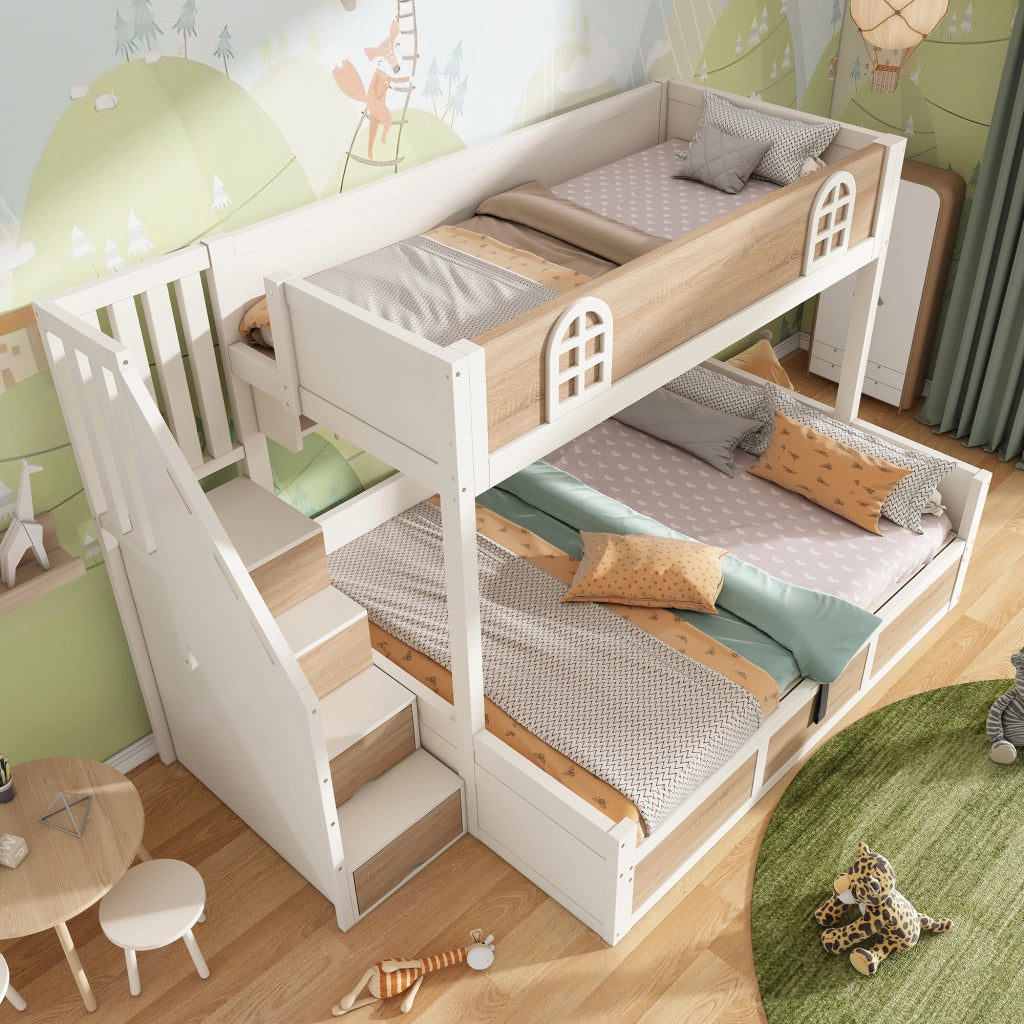 Letto a castello 90×200 cm e 140×200 cm con contenitore idraulico; scala con ripiani; senza materasso; legno; bianco e naturale