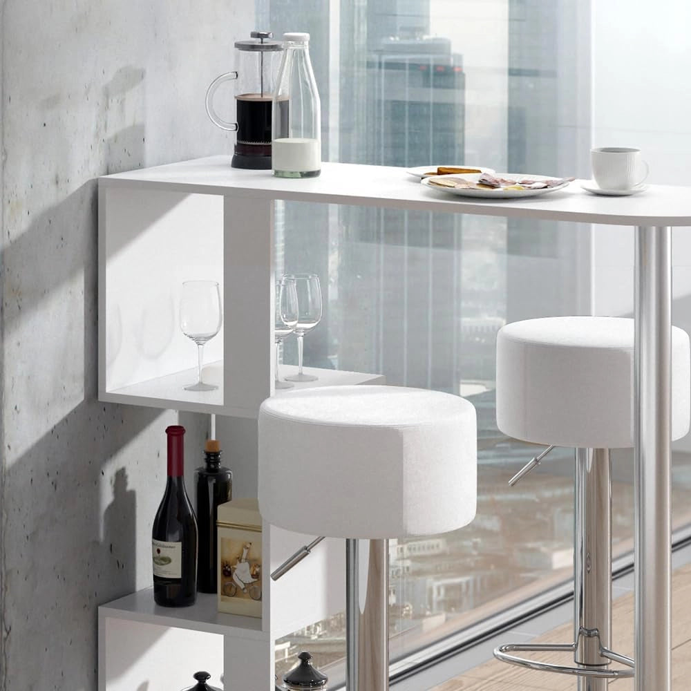 Set di tavoli da bar Vincent, Bianco, 113 x 39.8 cm con 2 sgabelli da bar, per l'utilizzo come tavolo alto con ripiani laterali
