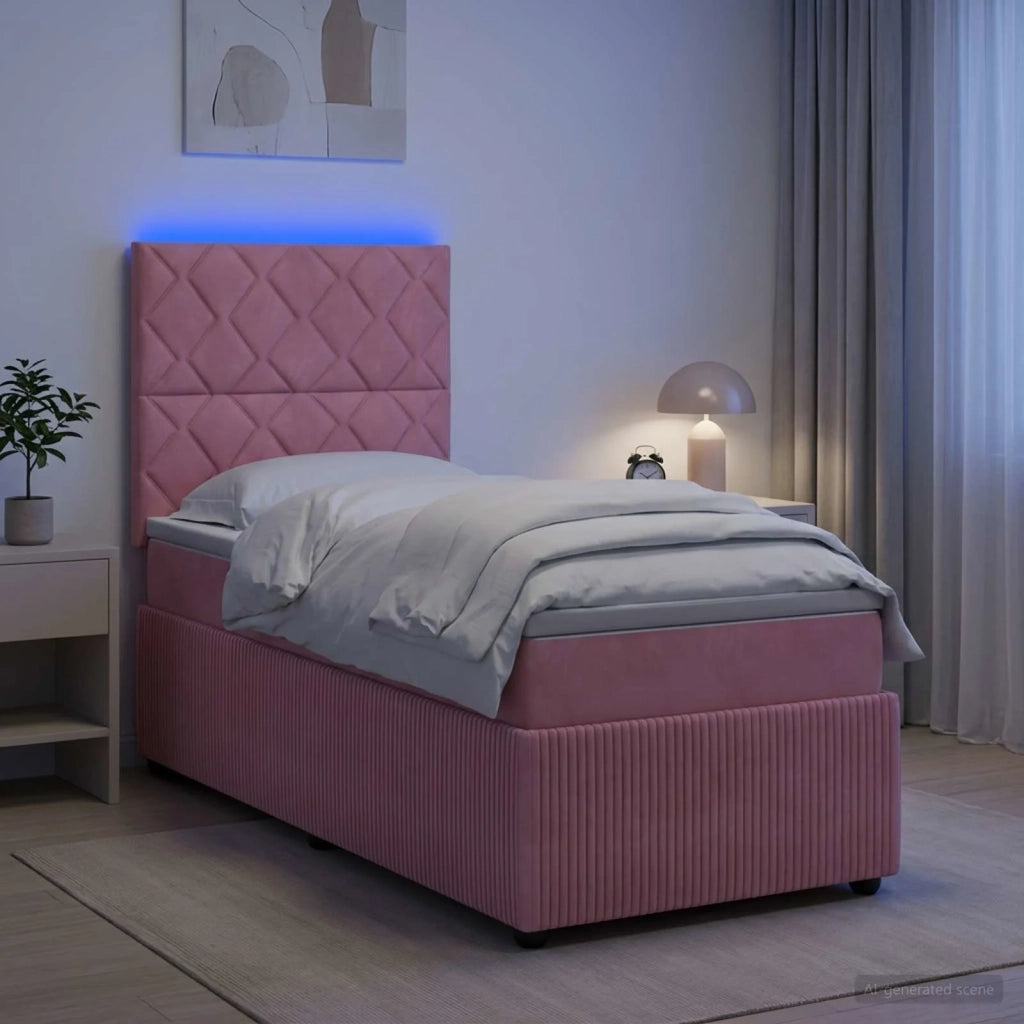 Letto Box Spring LED con Materasso Rosa 90 x 200 cm Velluto 3456004