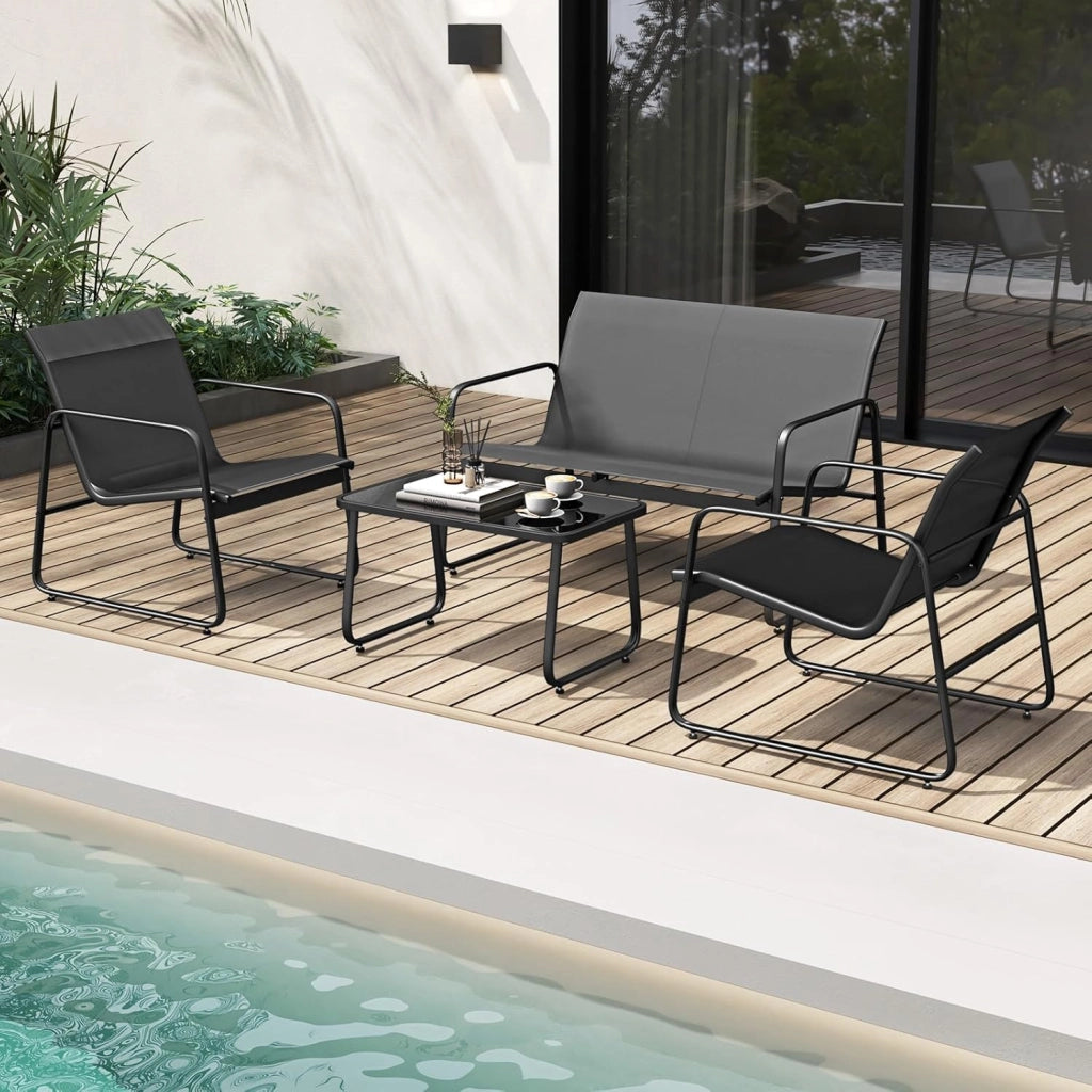 Set di mobili da giardino 4 pezzi, tavolino da caffè in vetro temperato, divano a 2 posti, 2 sedie, per 4 persone, tessuto traspirante, mobili per patio, terrazza