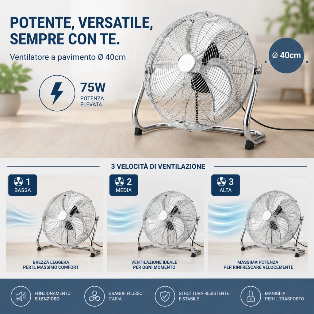 Ventilatore da Pavimento 75W con 3 Pale in Metallo e 3 Velocità – Ventilatore Potente per Casa, Ufficio e Ambienti Professionali