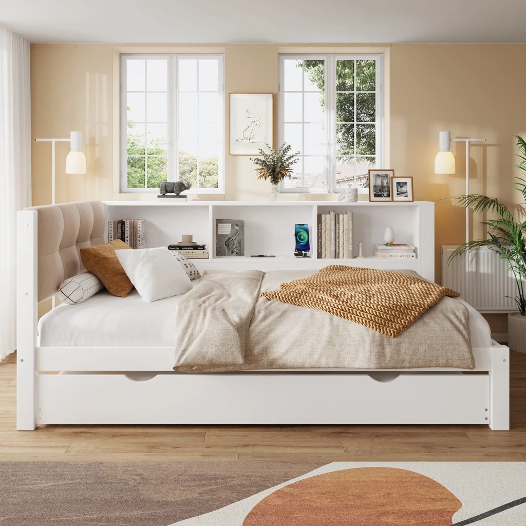 OKWISH Letto a Scomparsa 90×200 cm, Letto Singolo con Letto Estraibile, LED Regolabile, Ripiani e USB, senza Materasso, Legno, Bianco