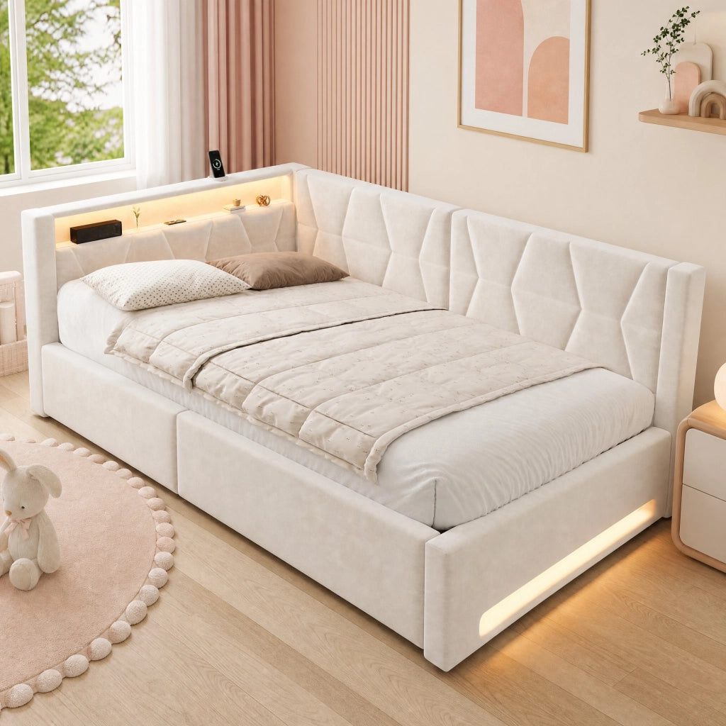 Letto Contenitore 140x200 cm con USB; Type-C e LED; in Velluto Beige