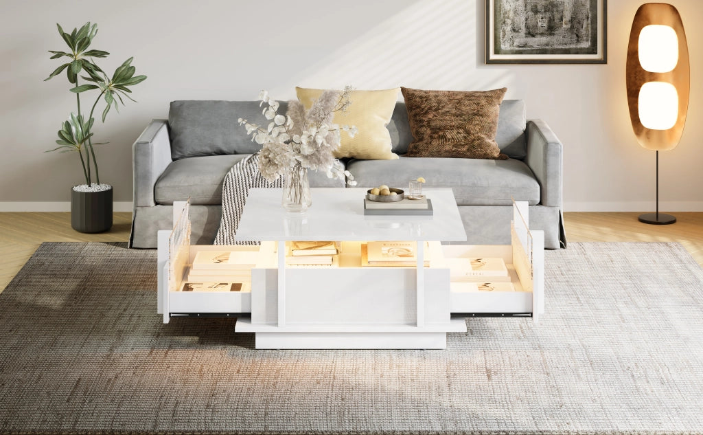 Tavolino da caffè quadrato 70x70x35 cm bianco lucido con 2 cassetti, LED e dettagli in acrilico
