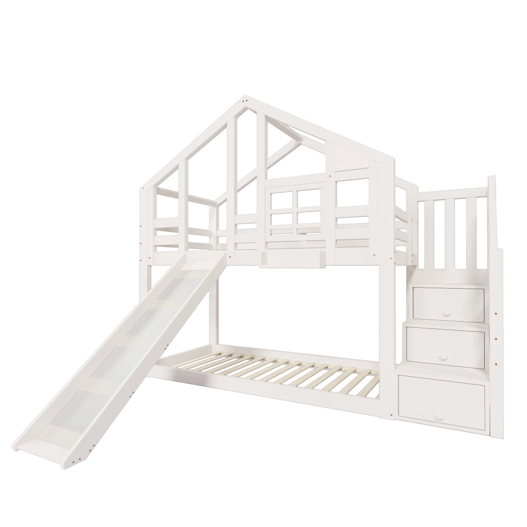 Letto a castello per bambini 90x200 cm in legno massello e MDF, bianco, con scivolo e contenitore