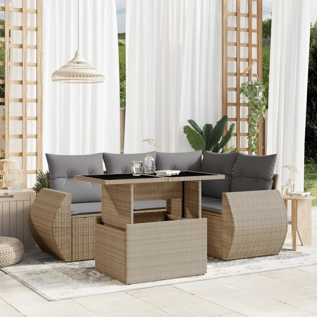 Set Divano da Giardino 5 pz con Cuscini Beige in Polyrattan
