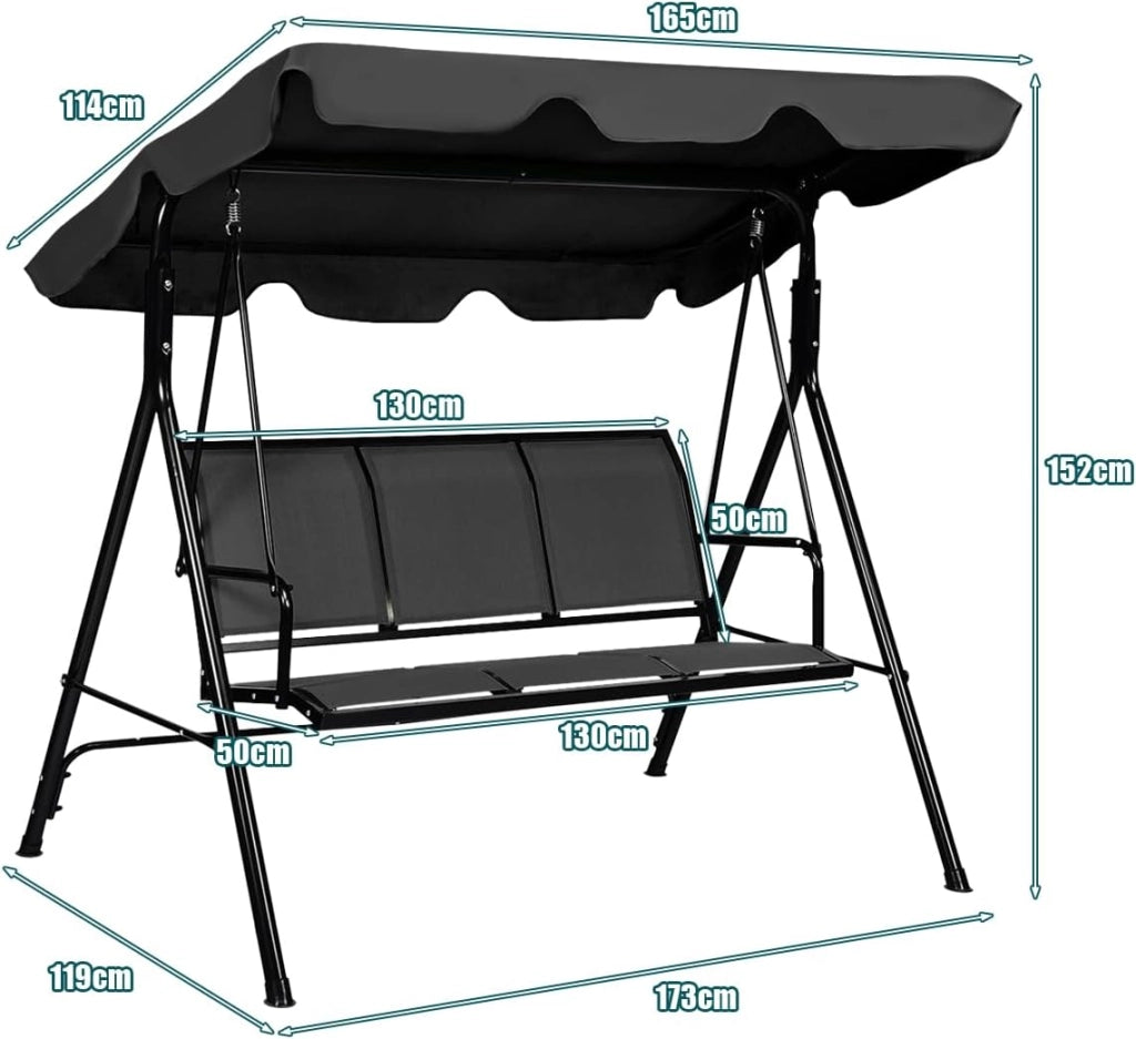 Dondolo Hollywood a 3 posti, con tettuccio parasole e schienale, per giardino, balcone, terrazza (nero)