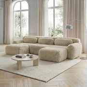 Divano Modulare a U con Design Ergonomico Base Antiscivolo e Cuscini in Peluche Cachi Chiaro