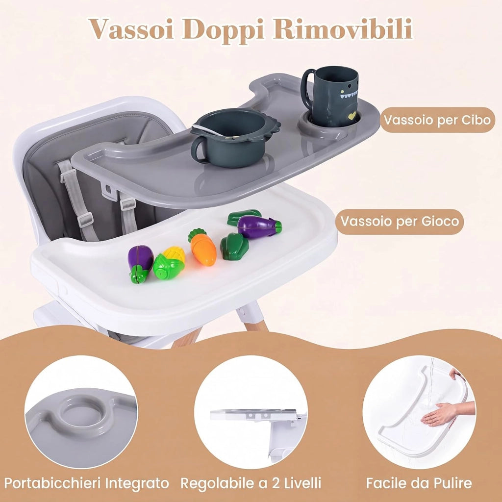 Seggiolone Pappa Pieghevole 4 in 1 con Cuscino di Seduta (Grigio) | Seggiolone per Neonati 6-36 Mesi con Vassoi Rimovibili, Portabicchieri, Cintura di Sicurezza e Gambe in Legno