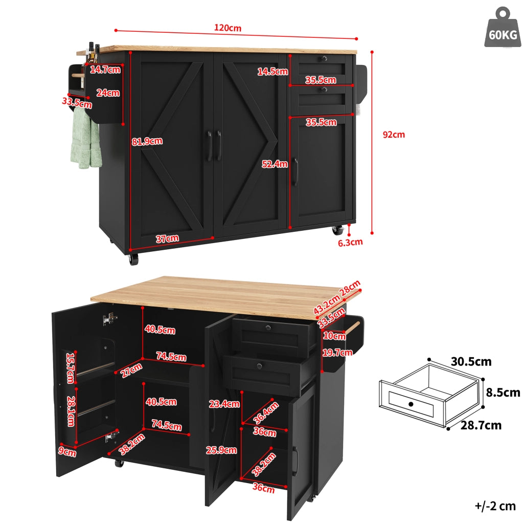 Carrello da cucina 120x43.2x92 cm con piano pieghevole; ampio spazio contenitivo; MDF; nero