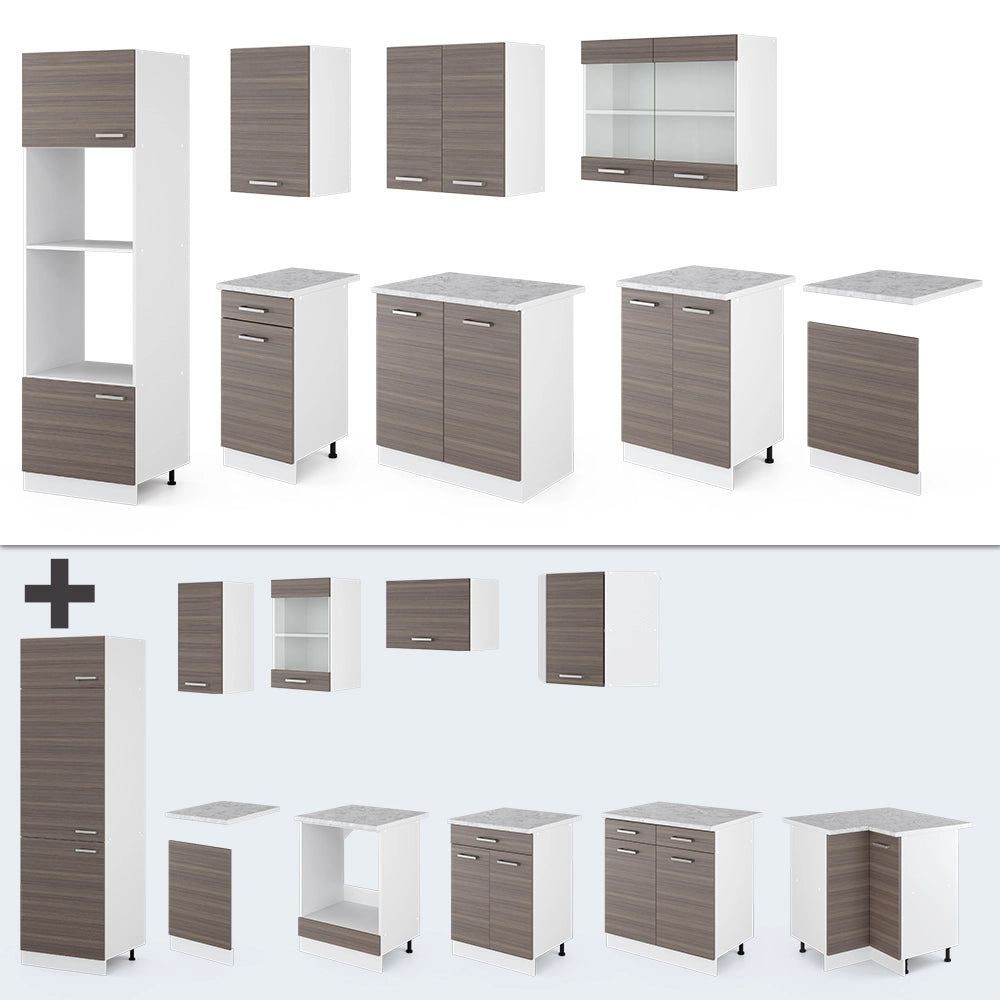 Vicco Cucina componibile Grigio prezioso/bianco 300 cm con armadio alto, PL Rovere