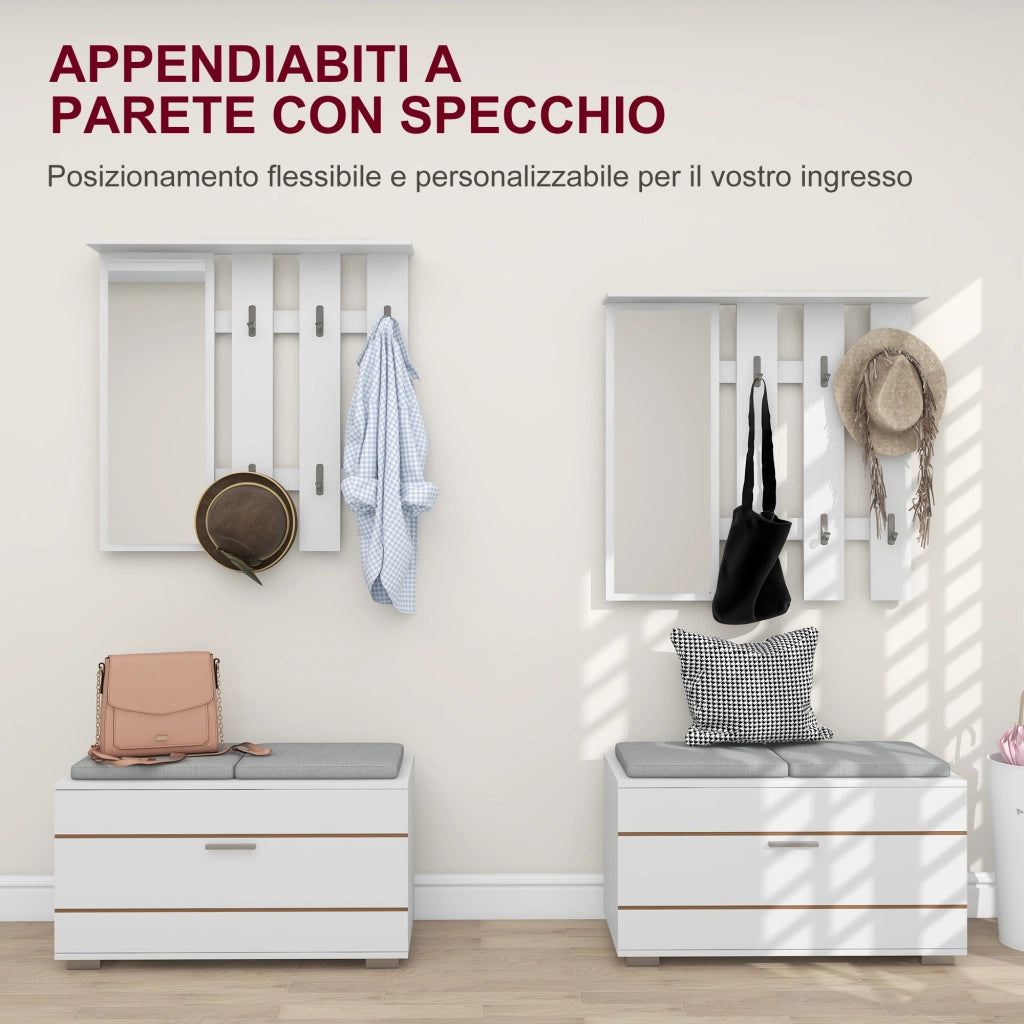 Set Mobili da Ingresso con Appendiabiti, Specchio, Panca con Cuscini e Scarpiera per 8 Paia di Scarpe, Bianco