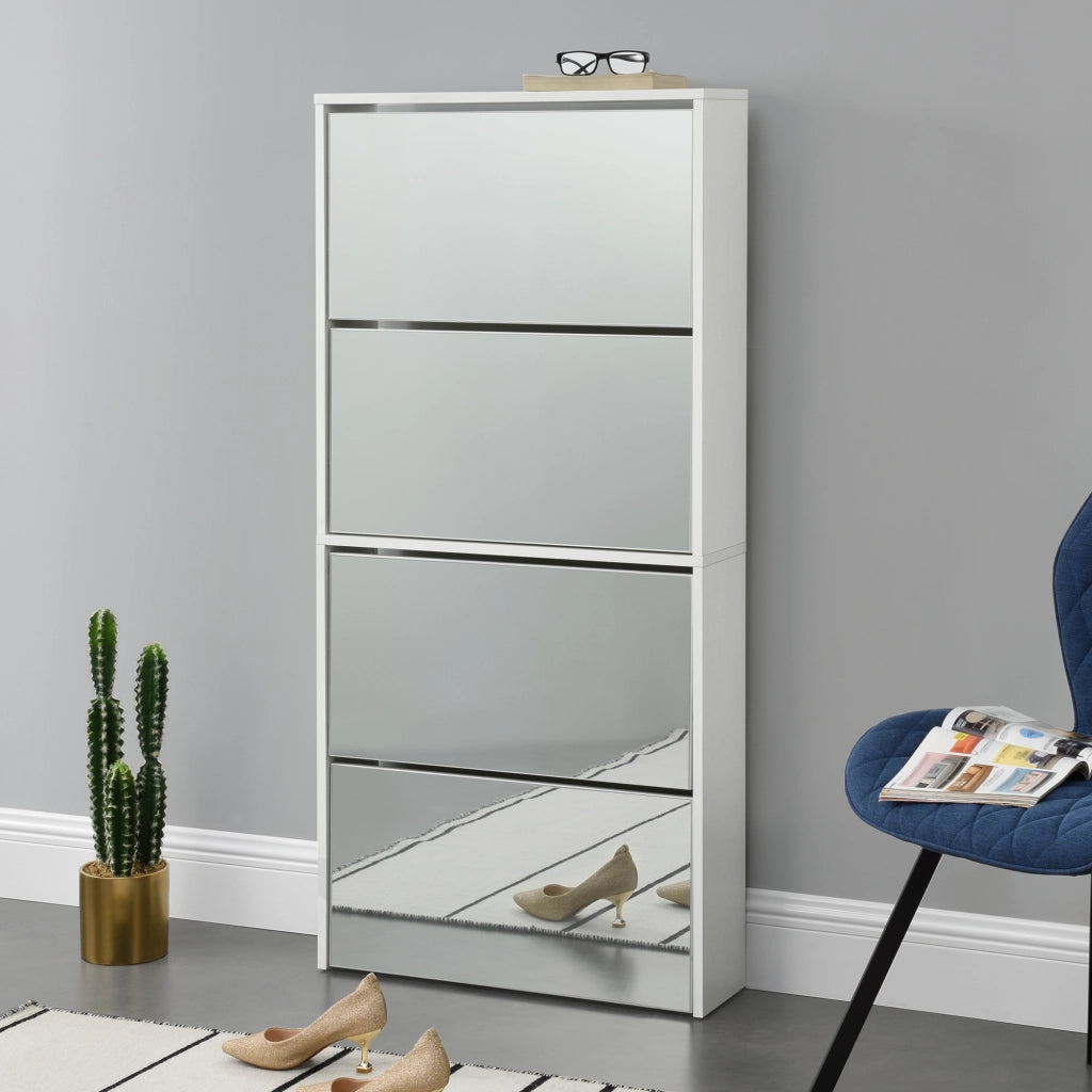 Scarpiera Vogar con 4 Contenitori Ribaltabili Mobile Portascarpe con Ante a Specchio 134x63x17 cm Bianco [en.casa]