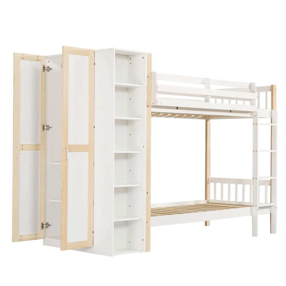 Letto a castello 90x200cm - Xylo - bianco/naturale, 6 ripiani, sicuro