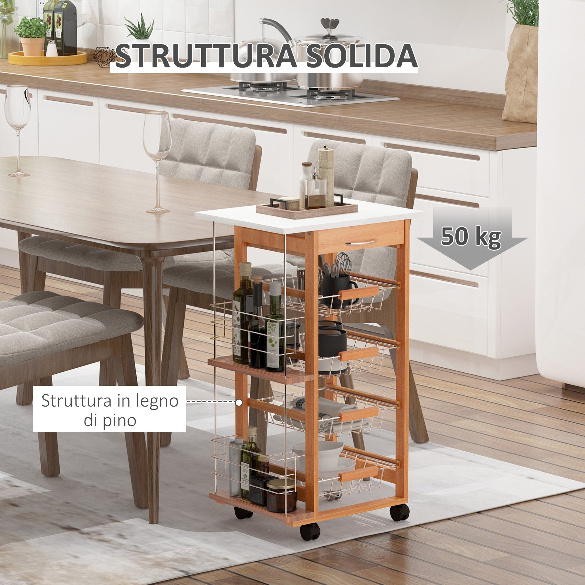 Carrello da Cucina 1 Cassetto 4 Cestelli 47x37x83 cm in Legno Marrone