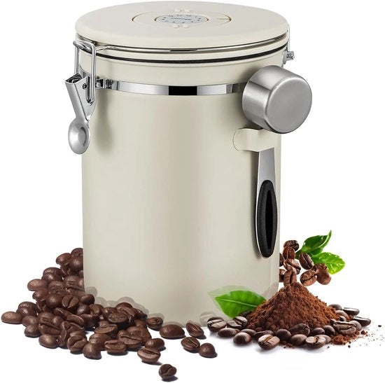 Caffettiera con coperchio ermetico, 1800 ml, con indicazione della data e cucchiaio, per la conservazione di farina di caffè, caffè in grani, farina e cereali (bianchi).