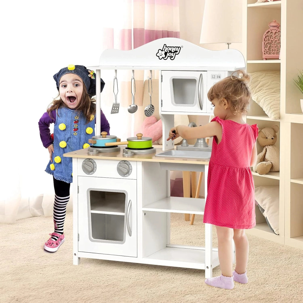 Cucina d'imitazione per bambini 3+ anni, giocattolo da cucina in legno con fornello, forno, forno a microonde e lavandino, accessori variegati forniti, ideale regalo educativo per feste,
