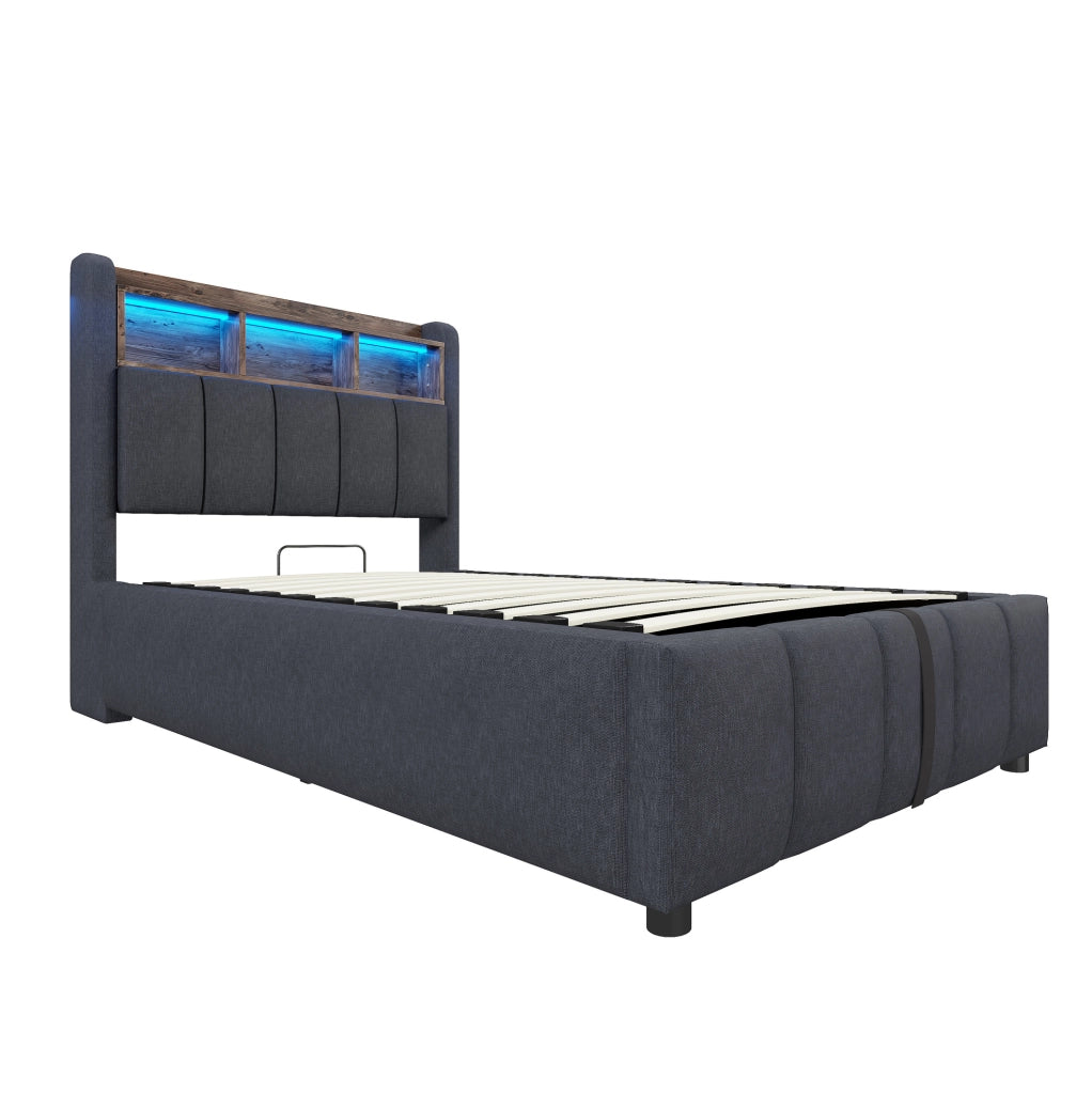 Letto imbottito 90x200 cm con LED; USB e vano contenitore; grigio