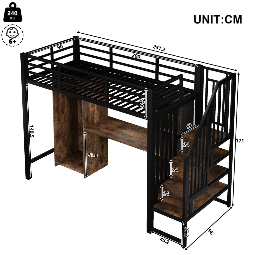 Letto a castello nero in metallo con stoccaggio armadio e scrivania 90x200 cm