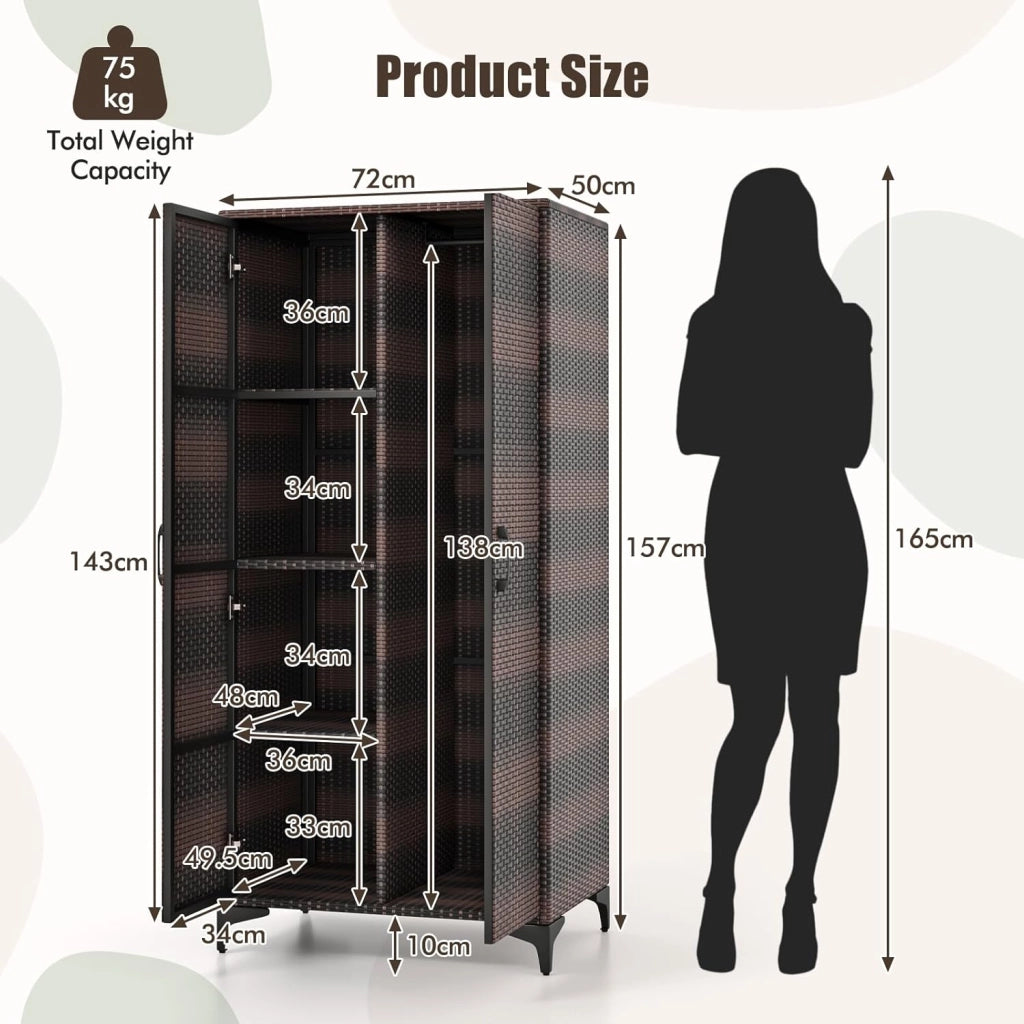 Armadio, Armadio da Camera con 5 Cubi in Rattan PE, Armadio da Archiviazione per Vestiti con Asta Appendiabiti, Porte, Armadio Utile Autoportante per Camera da Letto (Marrone)