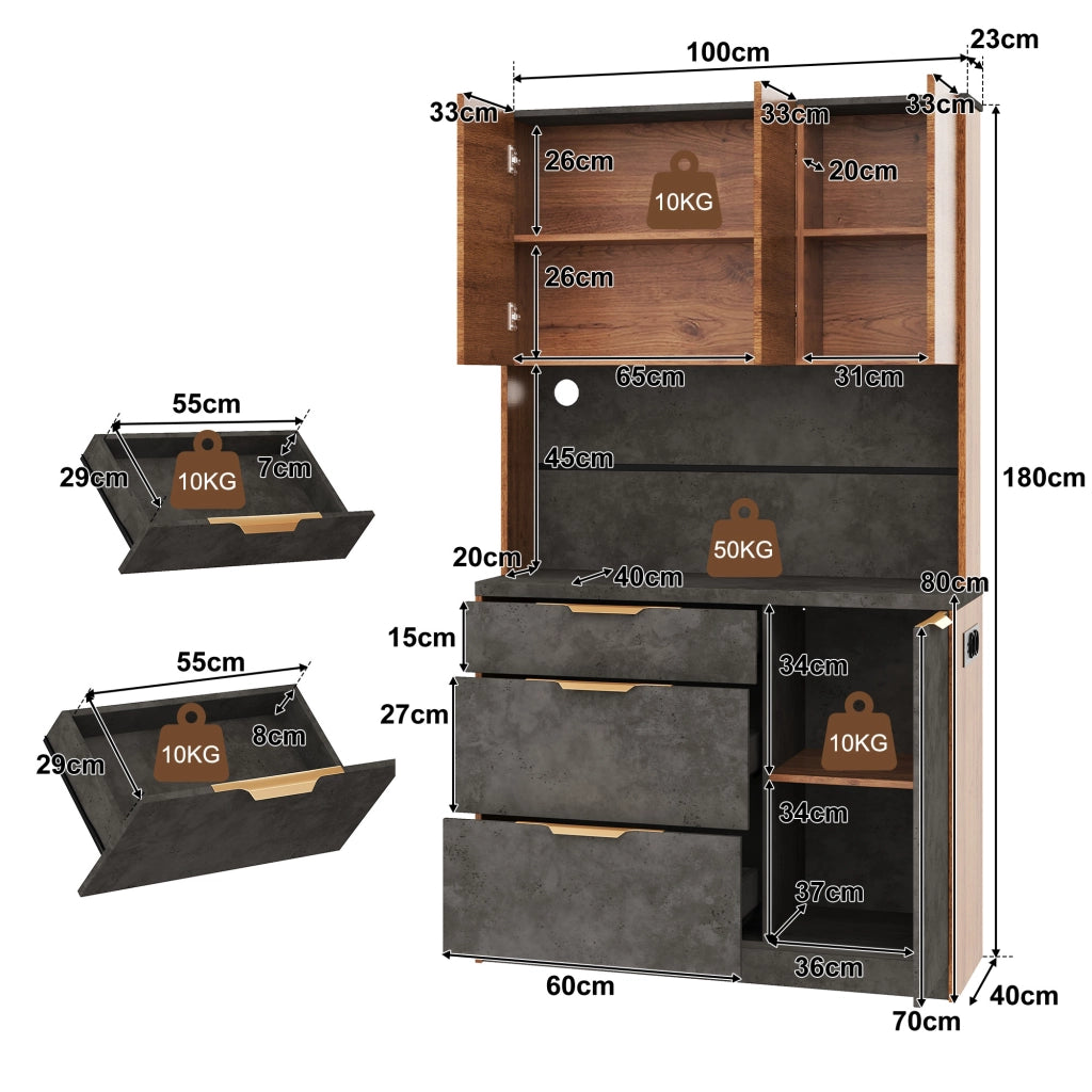 Mobile dispensa con LED RGB e prese integrate; ripiani regolabili e cassetti in MDF naturale 100 × 40 × 180 cm
