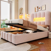 Letto imbottito 90x200 cm in velluto rosa con contenitore; LED multicolore e testiera regolabile