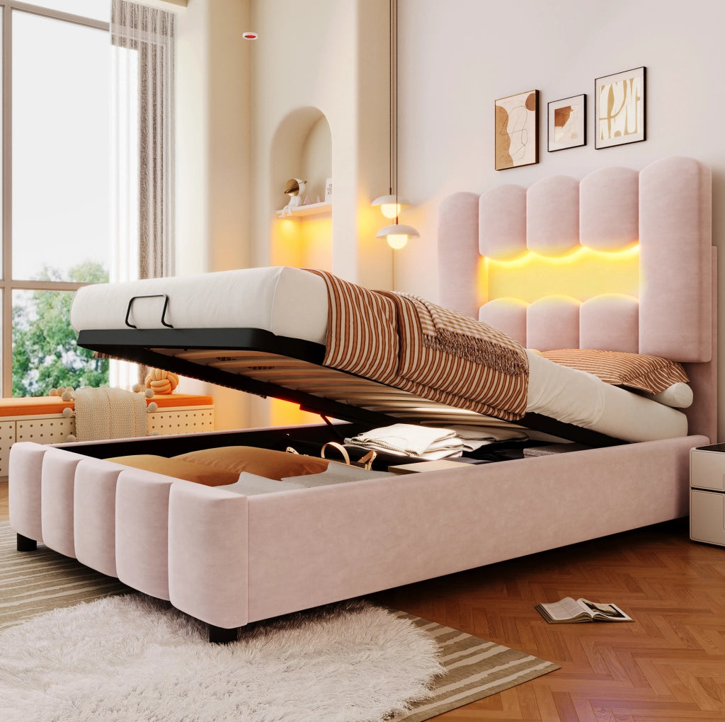 Letto imbottito 90x200 cm in velluto rosa con contenitore; LED multicolore e testiera regolabile