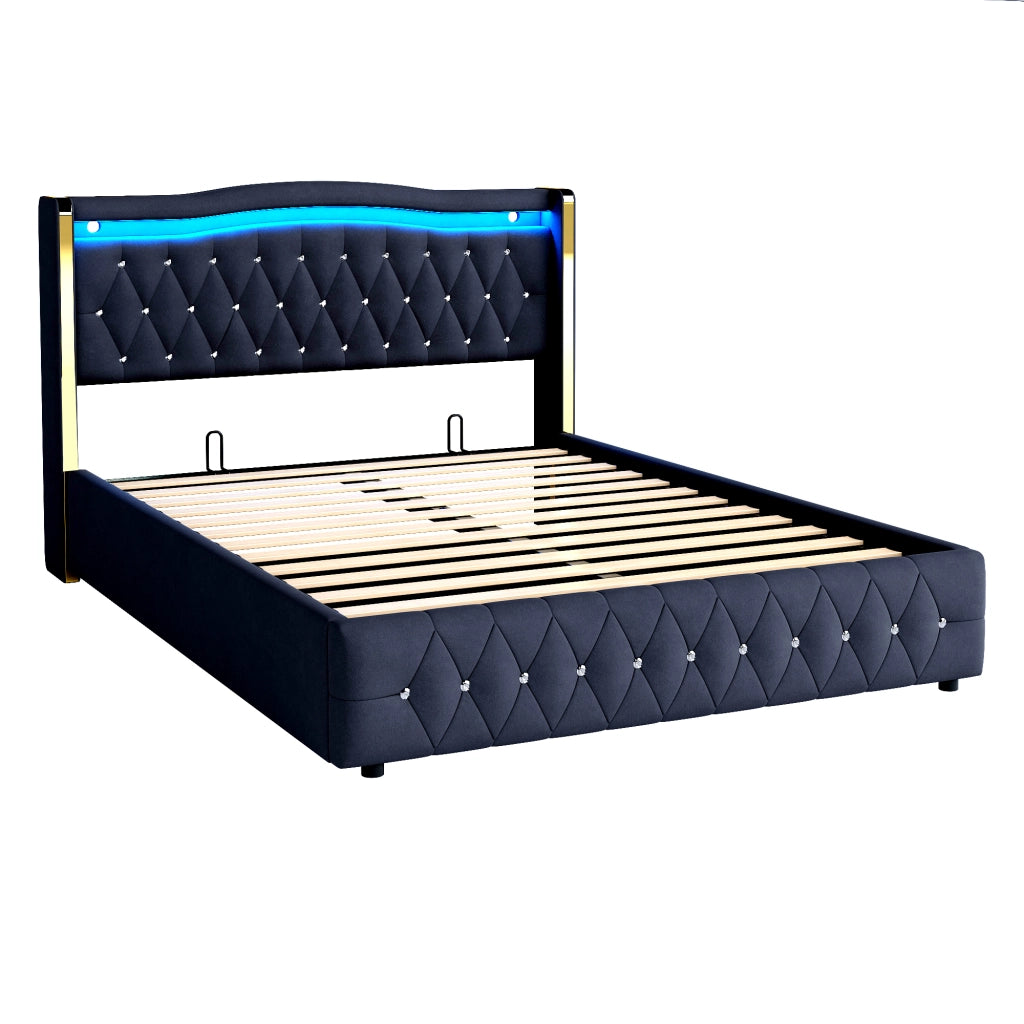 OKWISH Letto Contenitore 140×200 cm, Letto Matrimoniale con LED Multicolore, Sollevamento Idraulico e Piedi Larghi, senza Materasso, Velluto, Nero