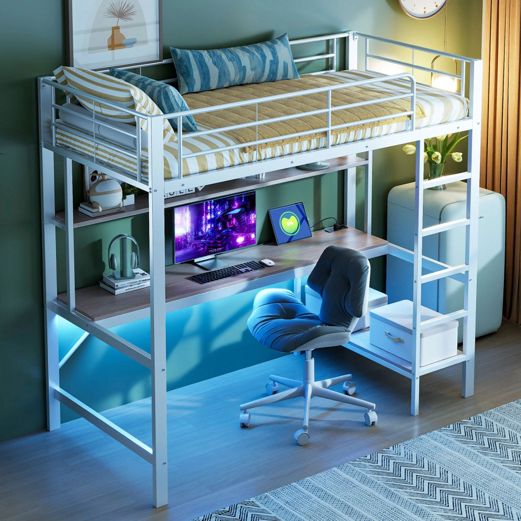 Letto a castello bianco con funzione di illuminazione LED usb e presa elettrica in metallo 90x200 cm